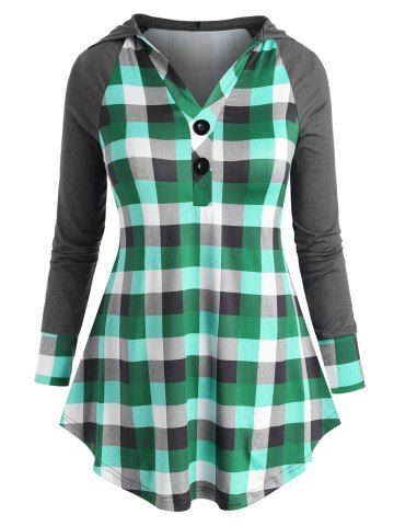 Two Buttoned Plaid Raglan Sleeve Plus Size Hoodie - GREEN - L