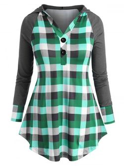Two Buttoned Plaid Raglan Sleeve Plus Size Hoodie - GREEN - 1X