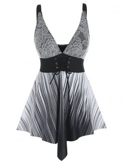 Plus Size Lace Panel Lace-up Skirted Striped Tankini Swimwear - BLACK - L