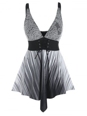 Plus Size Lace Panel Lace-up Skirted Striped Tankini Swimwear - BLACK - 4X