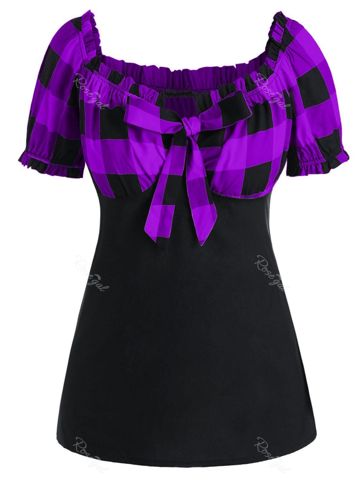 

Plus Size Bow Tie Checked T Shirt, Purple