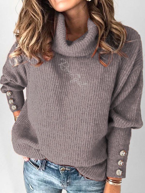 Shops Plus Size Turtleneck Drop Shoulder Buttoned Sweater  
