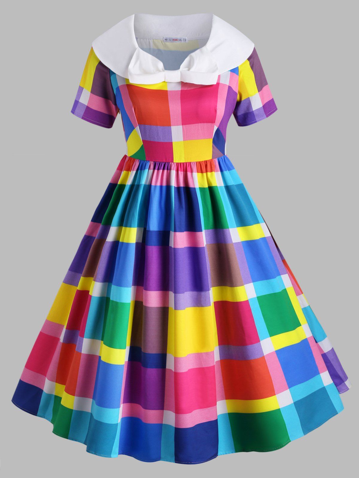

Colorful Plaid Bowknot Collar Plus Size Vintage Dress, Multi