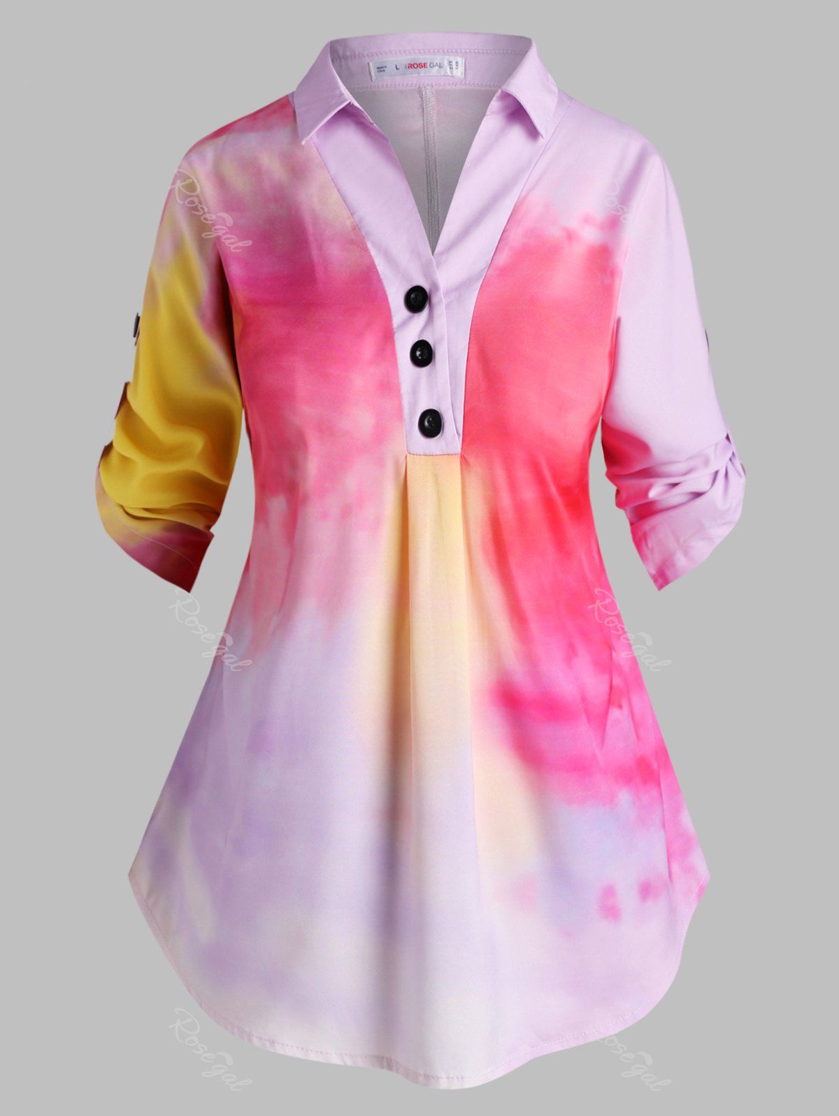 

Button Front Tab Sleeve Tie Dye Plus Size Top, Light pink