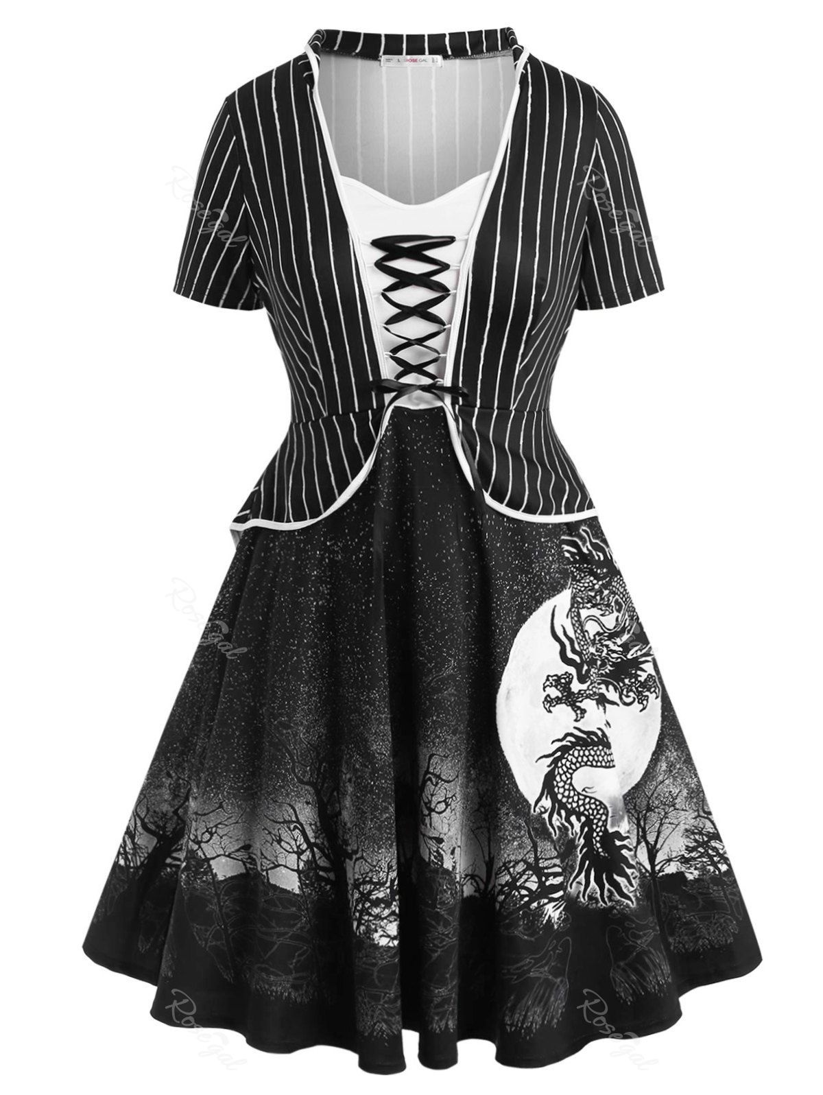 

Stripes Oriental Dragon Lace Up Plus Size Dress, Black