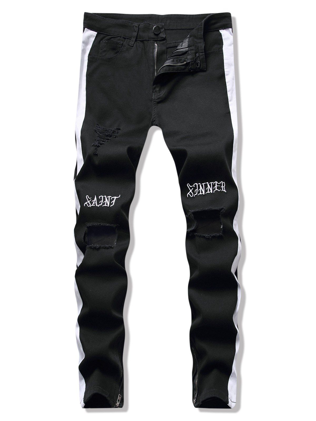 

Letter Embroidery Striped Broken Hole Denim Pants, Black