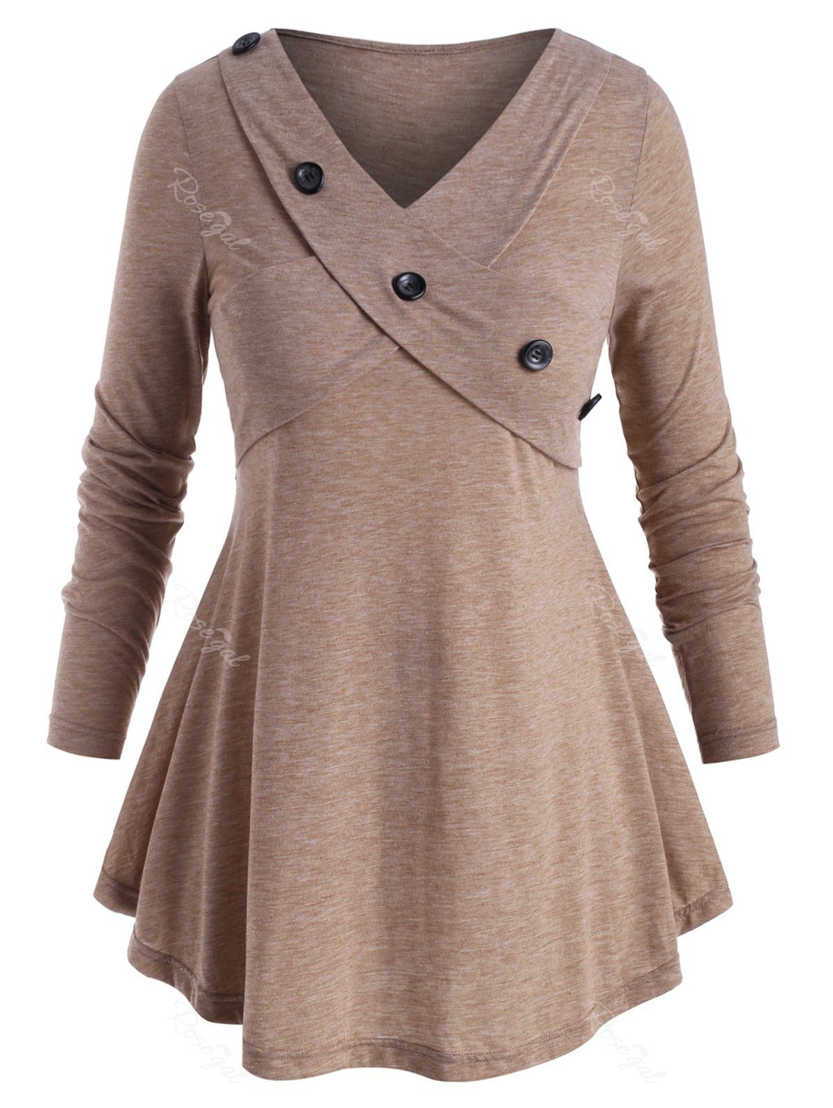 

Mock Buttons Heathered Criss Cross Plus Size Top, Light coffee