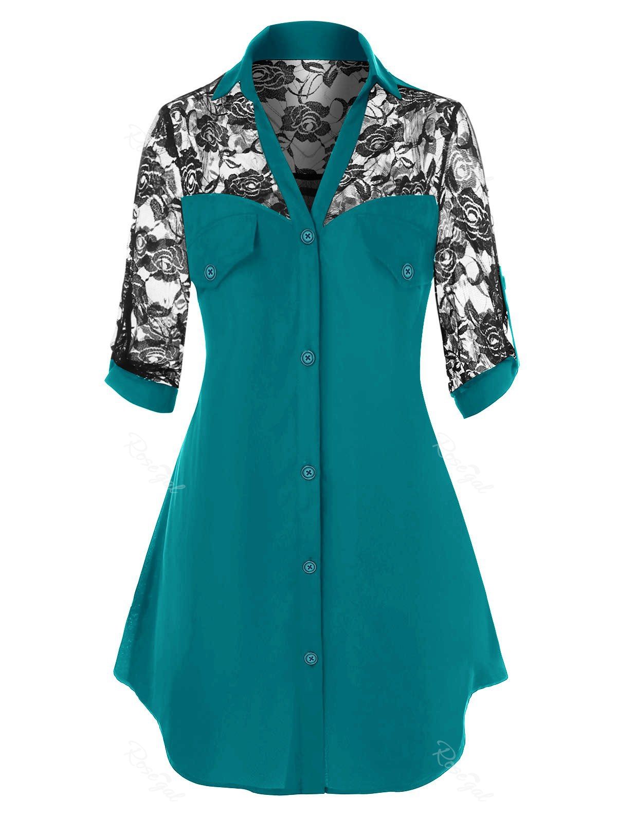 

Plus Size Sheer Lace Roll Up Sleeve Shirt, Deep green