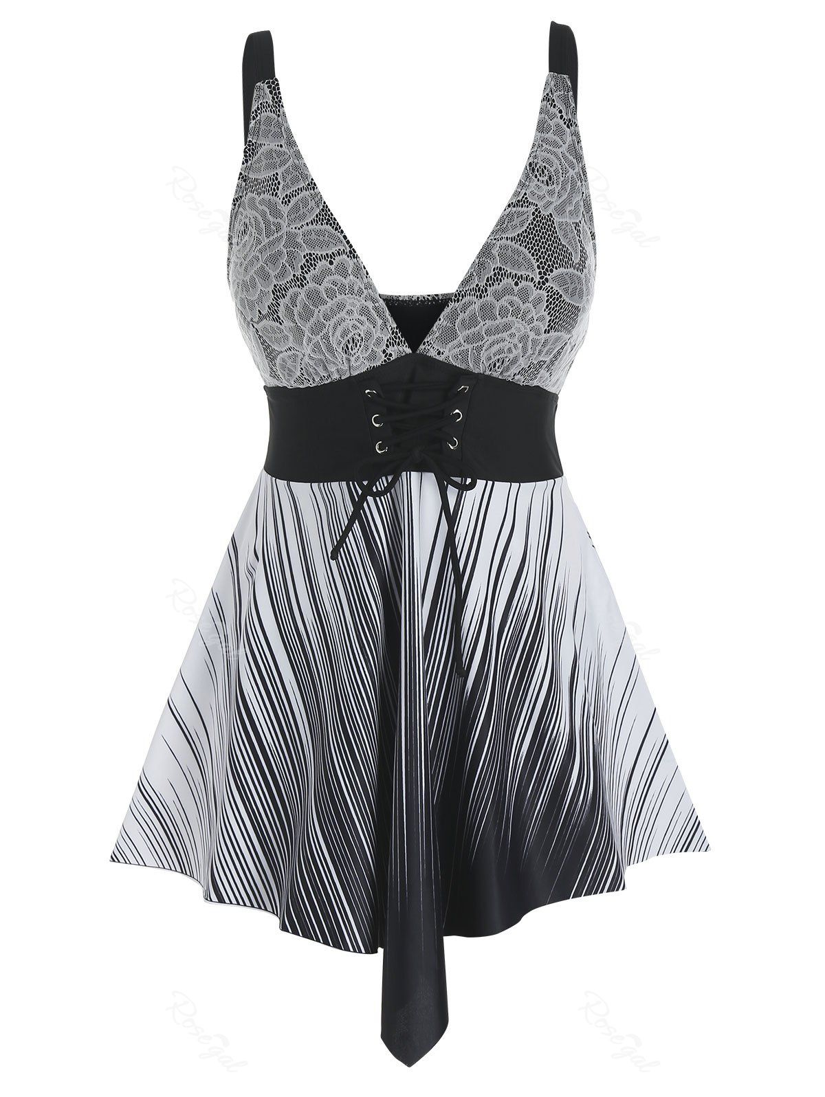 Store Plus Size Lace Panel Lace-up Skirted Striped Tankini Swimwear  