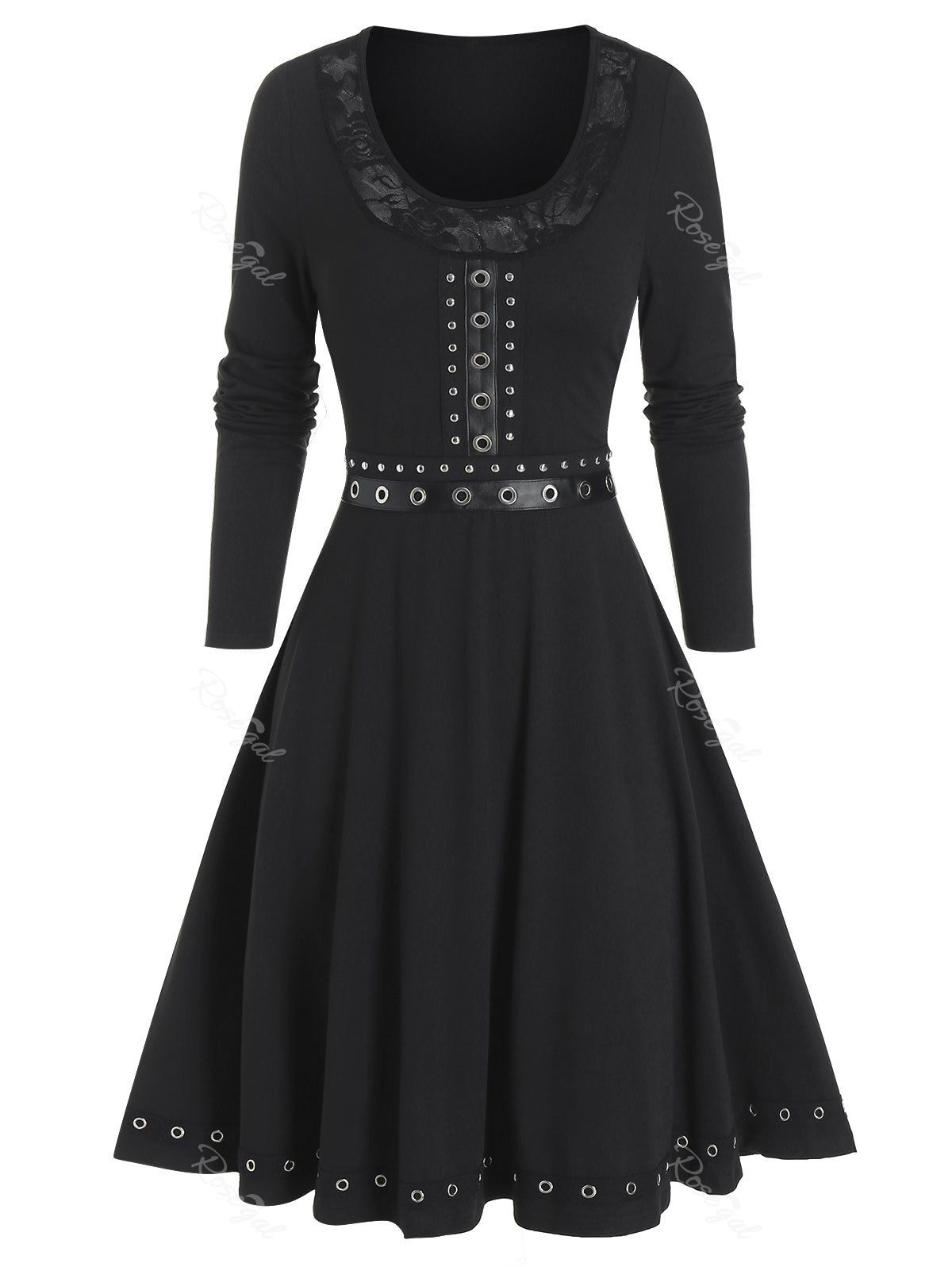 

Pure Color Grommet Trim Mini Long Sleeve Dress, Black