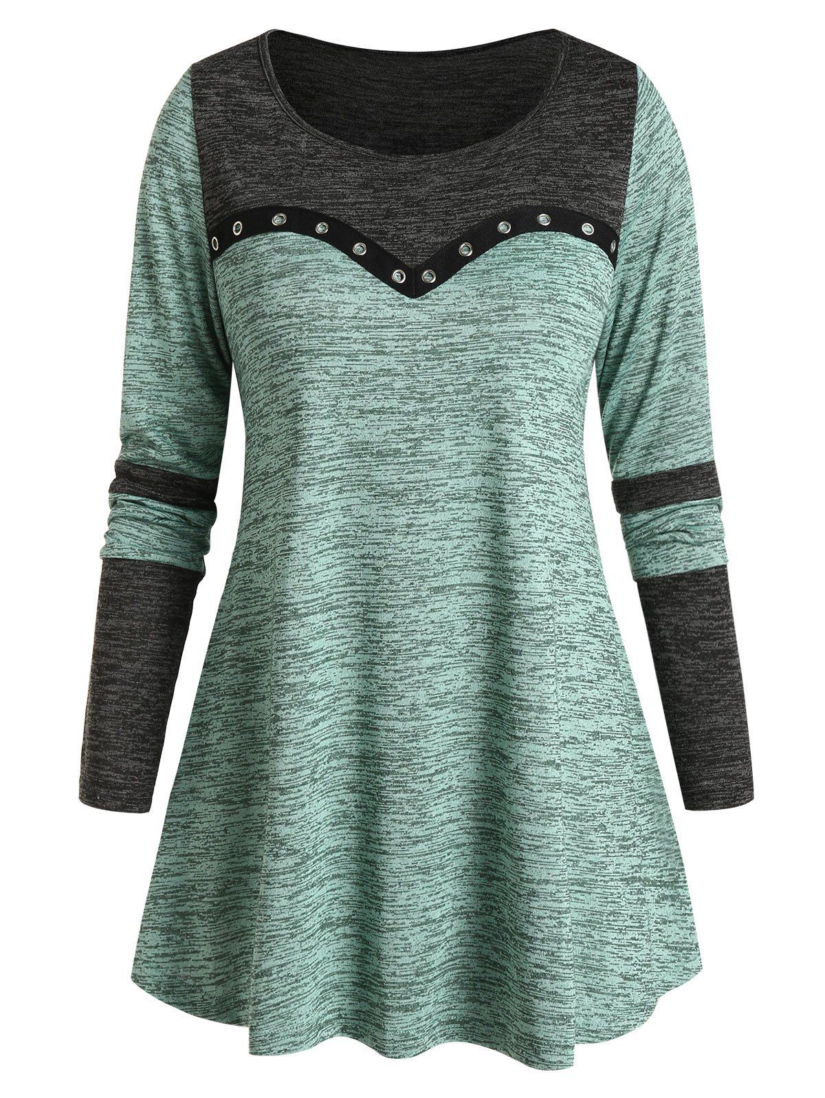 

Contrast Color Space Dye Grommet Casual T Shirt, Multi-a