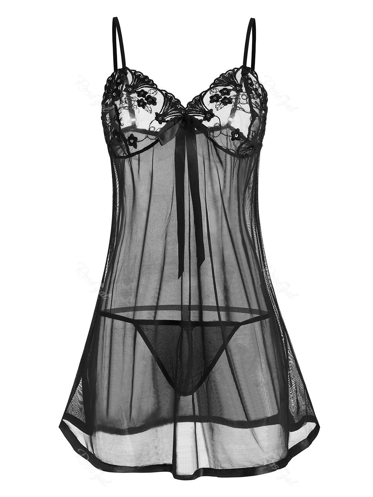 

Plus Size Sheer Mesh Bowknot Babydoll Set, Black