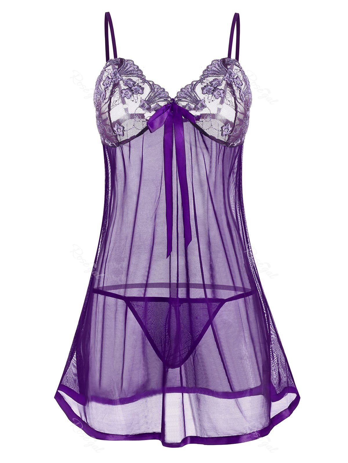 

Plus Size Sheer Mesh Bowknot Babydoll Set, Concord