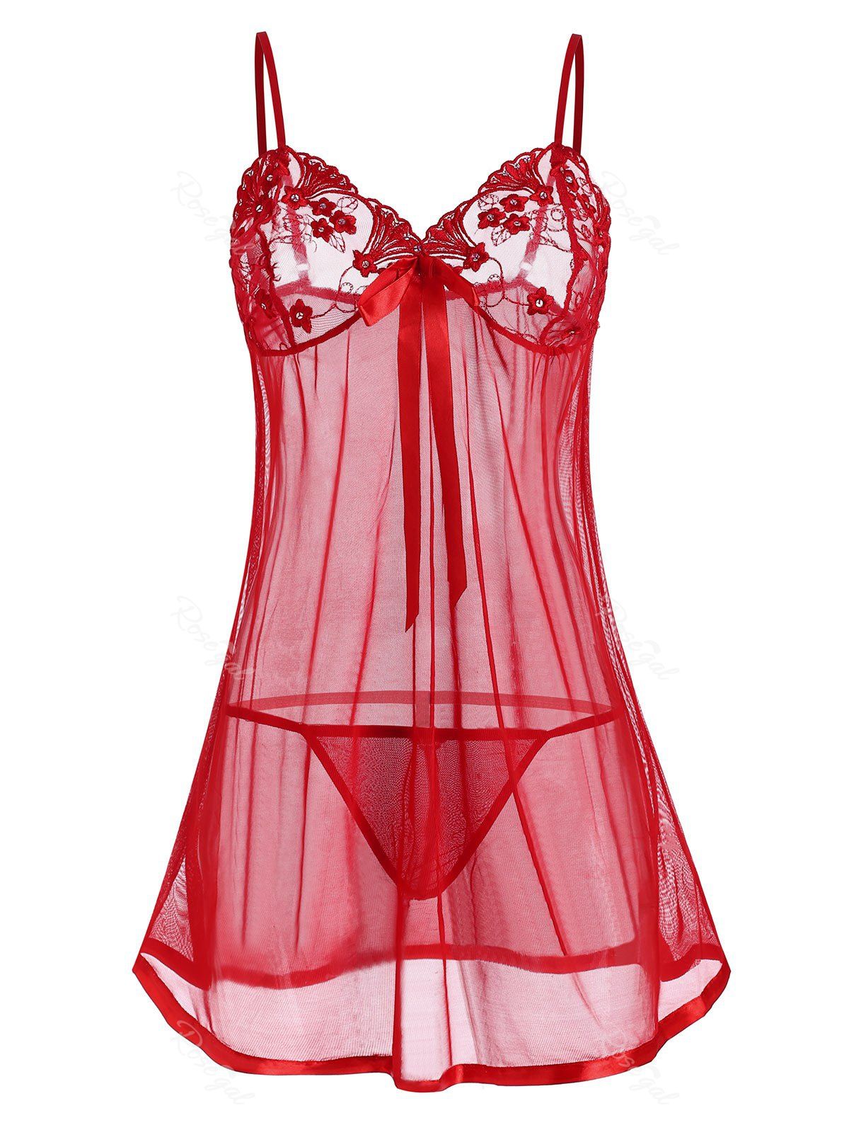 

Plus Size Sheer Mesh Bowknot Babydoll Set, Red