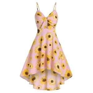 

Spaghetti Strap Sunflower Print High Low Dress, Light pink