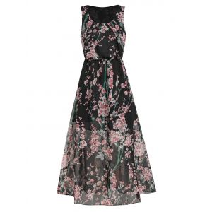 

Floral Print Elastic Waist Sleeveless Maxi Dress, Black