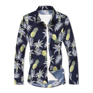 

Tropical Leaf Pineapple Print Button Down Shirt, Midnight blue