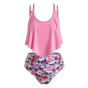 

Plus Size Halloween Skull Floral Print Ruffled Tankini Swimwear, Light pink