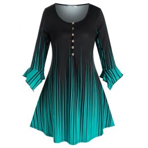 

Plus Size Striped Ruffle Cuff Henley Tunic Tee, Black