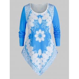 

Plus Size Damask Print Bandana Hem Tunic Tee, Light blue