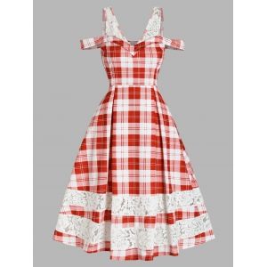 

Cold Shoulder Plaid Print Lace Insert Dress, Red
