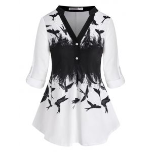 

Tab Sleeve Button Front Swallow Printed Plus Size Top, Black