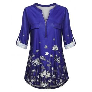 

Plus Size Half Zip Roll Tab Sleeve Floral Print Top, Blue