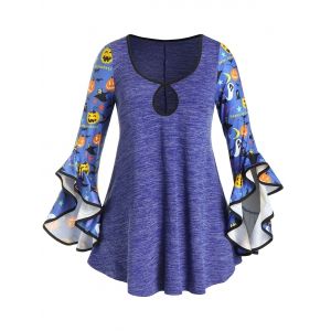 

Plus Size Halloween Pumpkin Space Dye Flare Sleeve Keyhole Tee, Navy blue