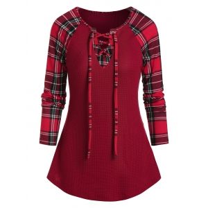 

Plaid Pattern Raglan Sleeve Lace Up Top, Red wine