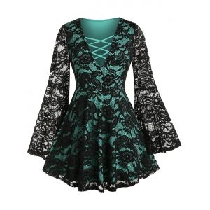

Plus Size Flower Lace Flare Sleeve Lattice See Thru Top, Sea green