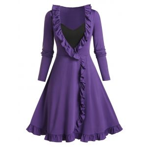 

Plus Size Ruffles Two-tone Dress, Heliotrope purple