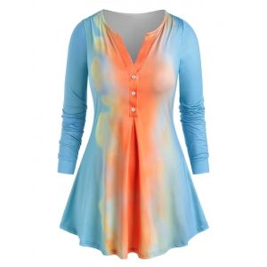 

Plus Size Half Button Tie Dye Tee, Dark orange