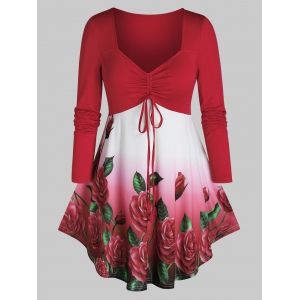 

Plus Size Flower Ombre Cinched Tie Curved Hem Tee, Valentine red