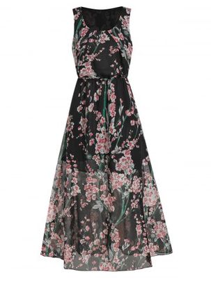 Floral Print Elastic Waist Sleeveless Maxi Dress