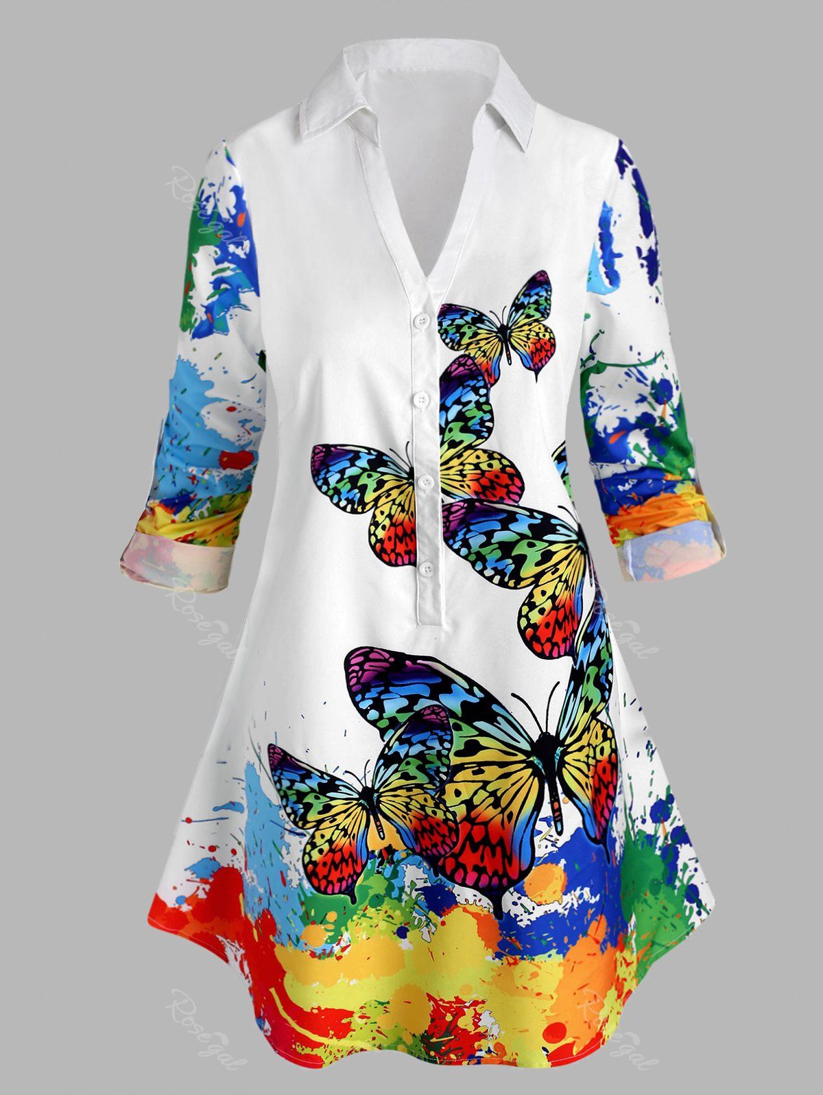 

Plus Size Paint Splatter Half Button Butterfly Print Top, White