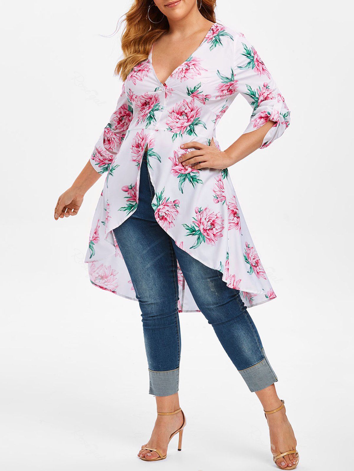 

Plus Size Low Cut High Low Floral Blouse, White