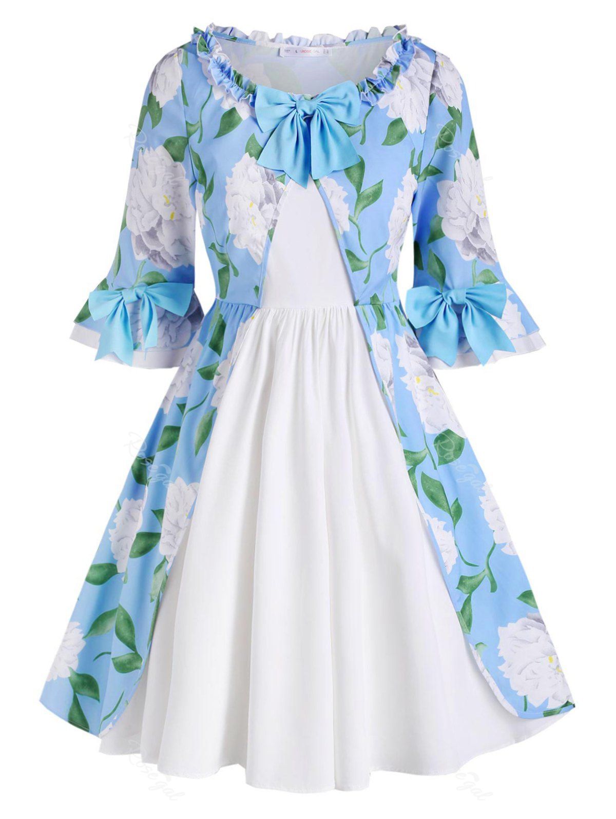 

Frilled Trim Floral Bowknot Plus Size Dress, Light blue