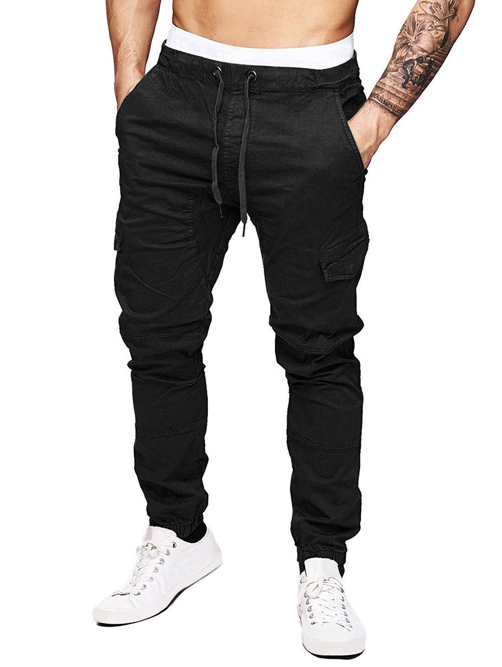 

Pure Color Drawstring Flap Pockets Cargo Pants, Black