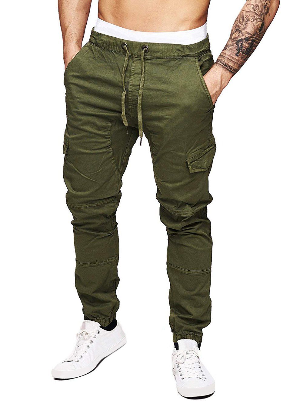 

Pure Color Drawstring Flap Pockets Cargo Pants, Green