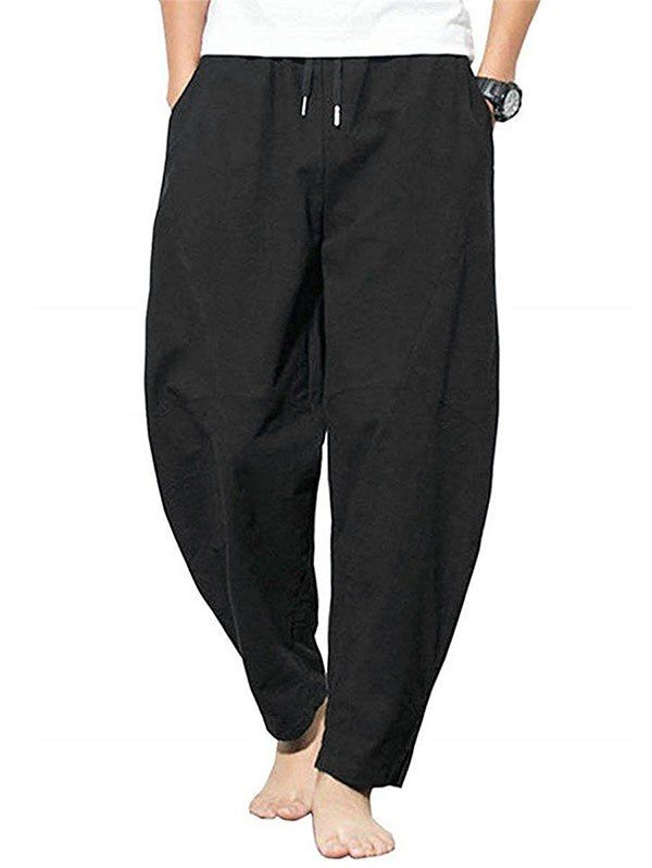 

Plain Drawstring Slit Hem Casual Pants, Black