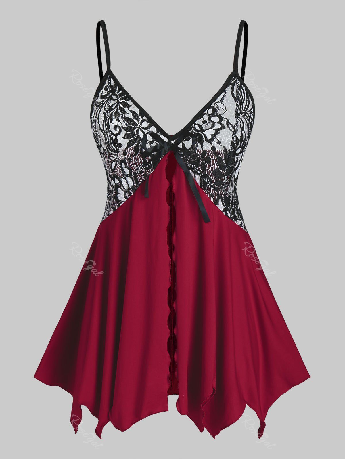 

Plus Size Handkerchief Sheer Lace Insert Babydoll Set, Red wine