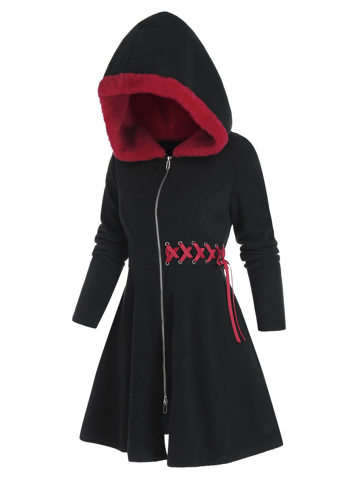 

Lace-up Faux Fur Hooded Fleece Coat, Black