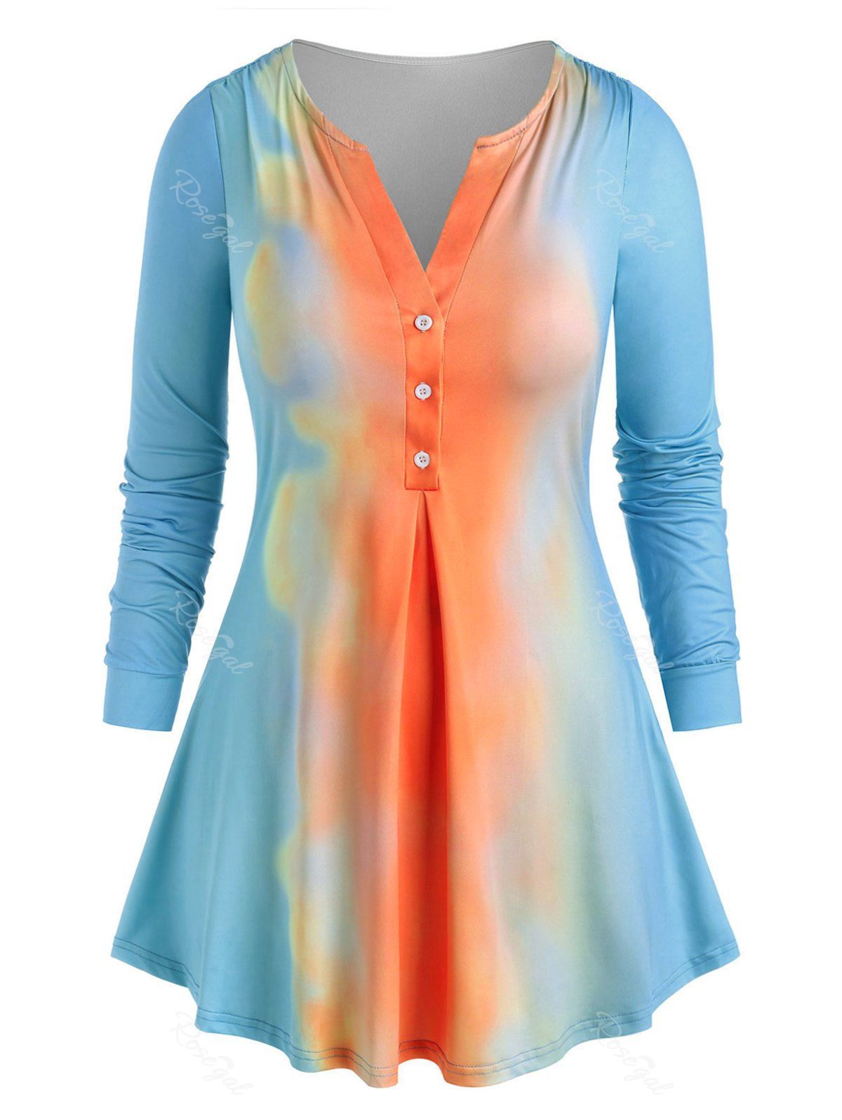 

Plus Size Half Button Tie Dye Tee, Dark orange