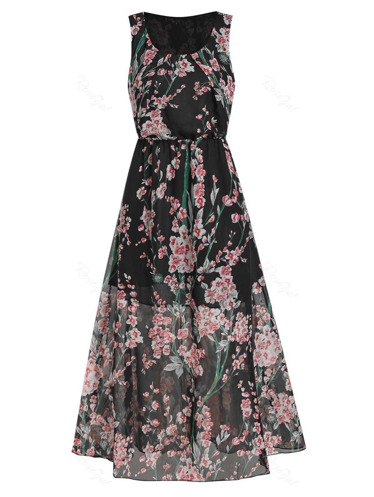 

Floral Print Elastic Waist Sleeveless Maxi Dress, Black