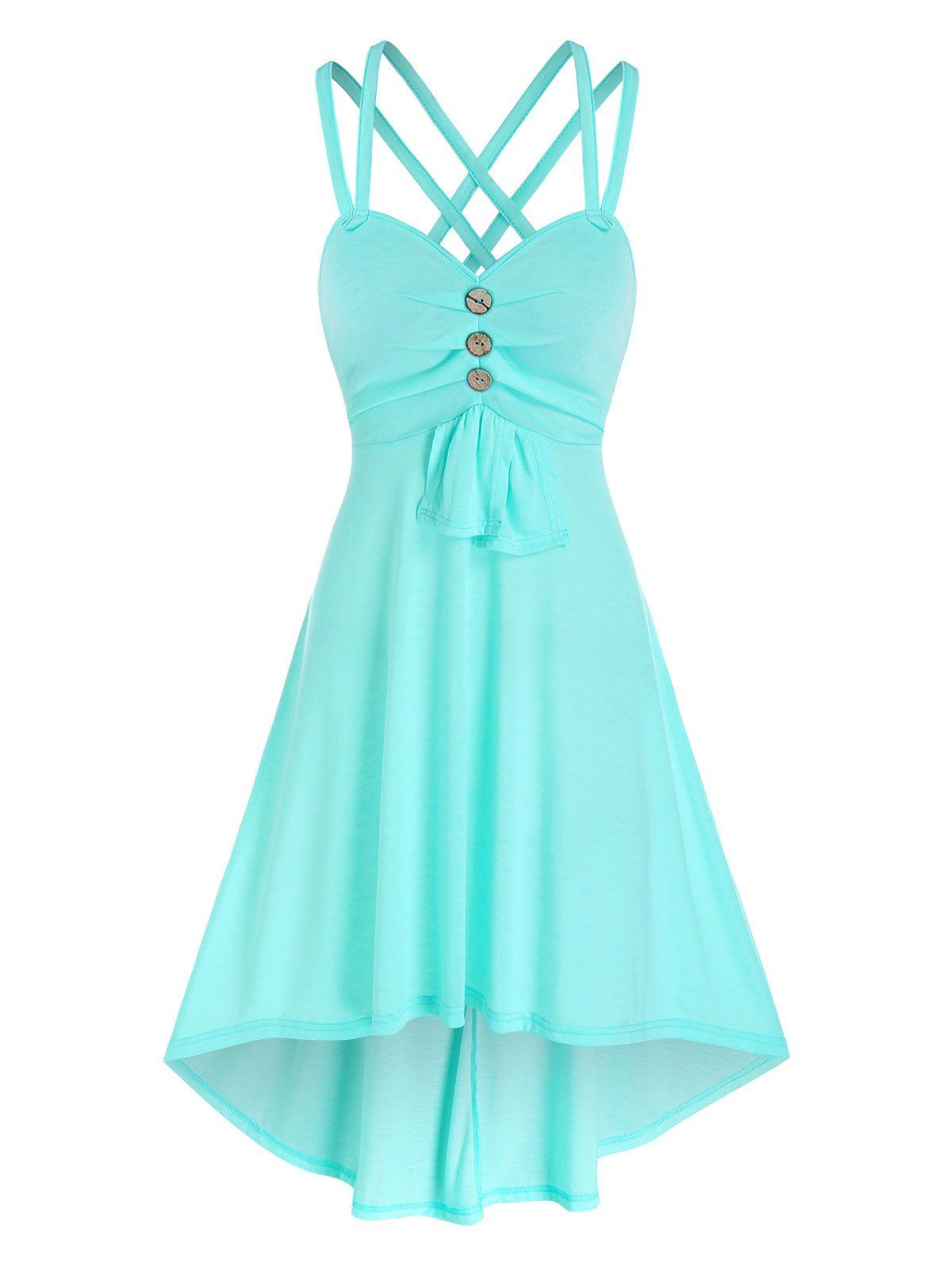 

Mock Button Strappy High Low Dress, Light blue