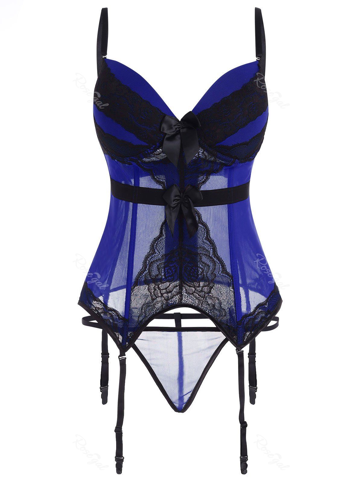 

Plus Size See Thru Garter Slip Corset Lingerie Set, Blue