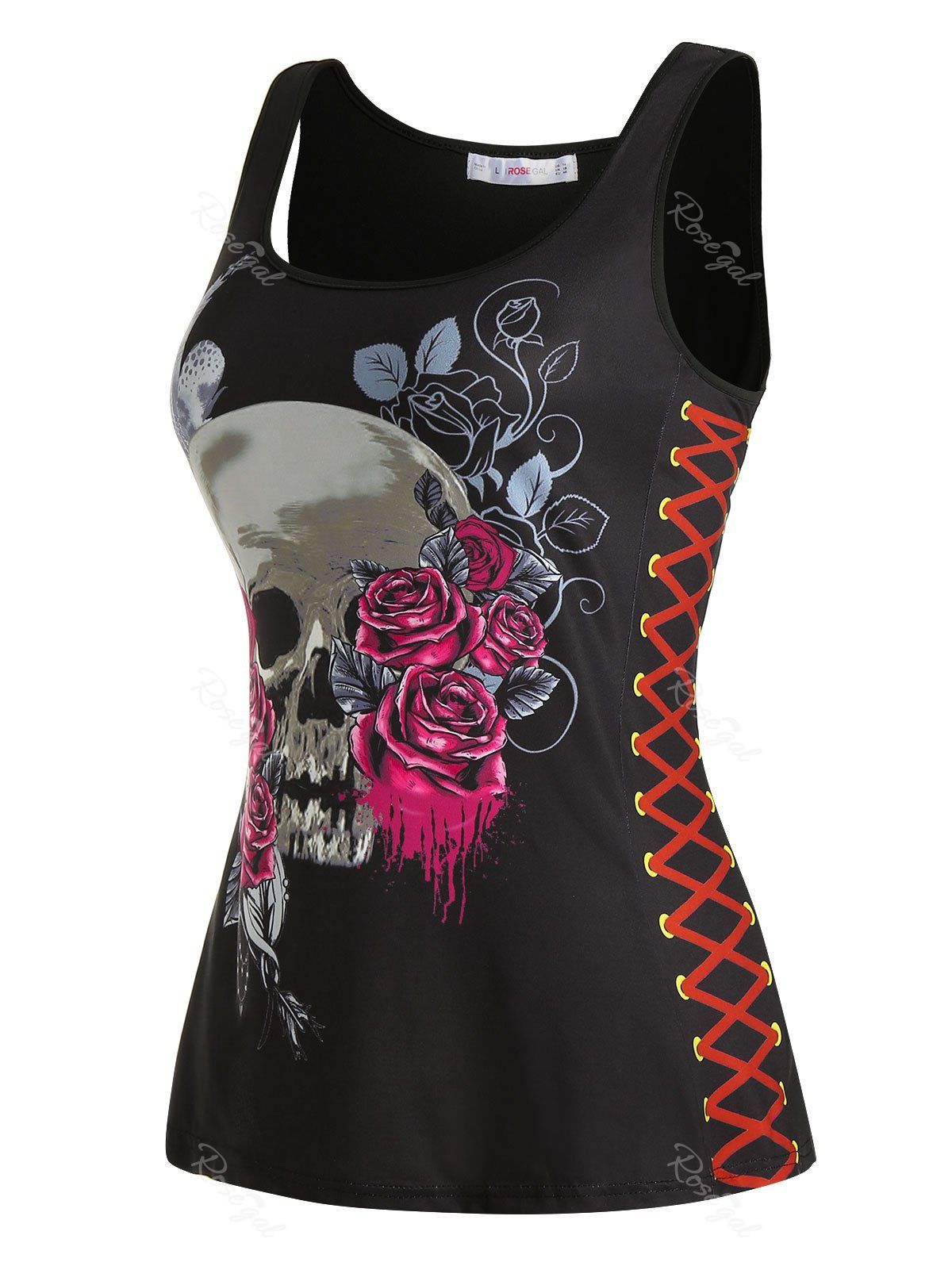 

Plus Size Halloween Skull Flower Lace-up Print Tank Top, Black