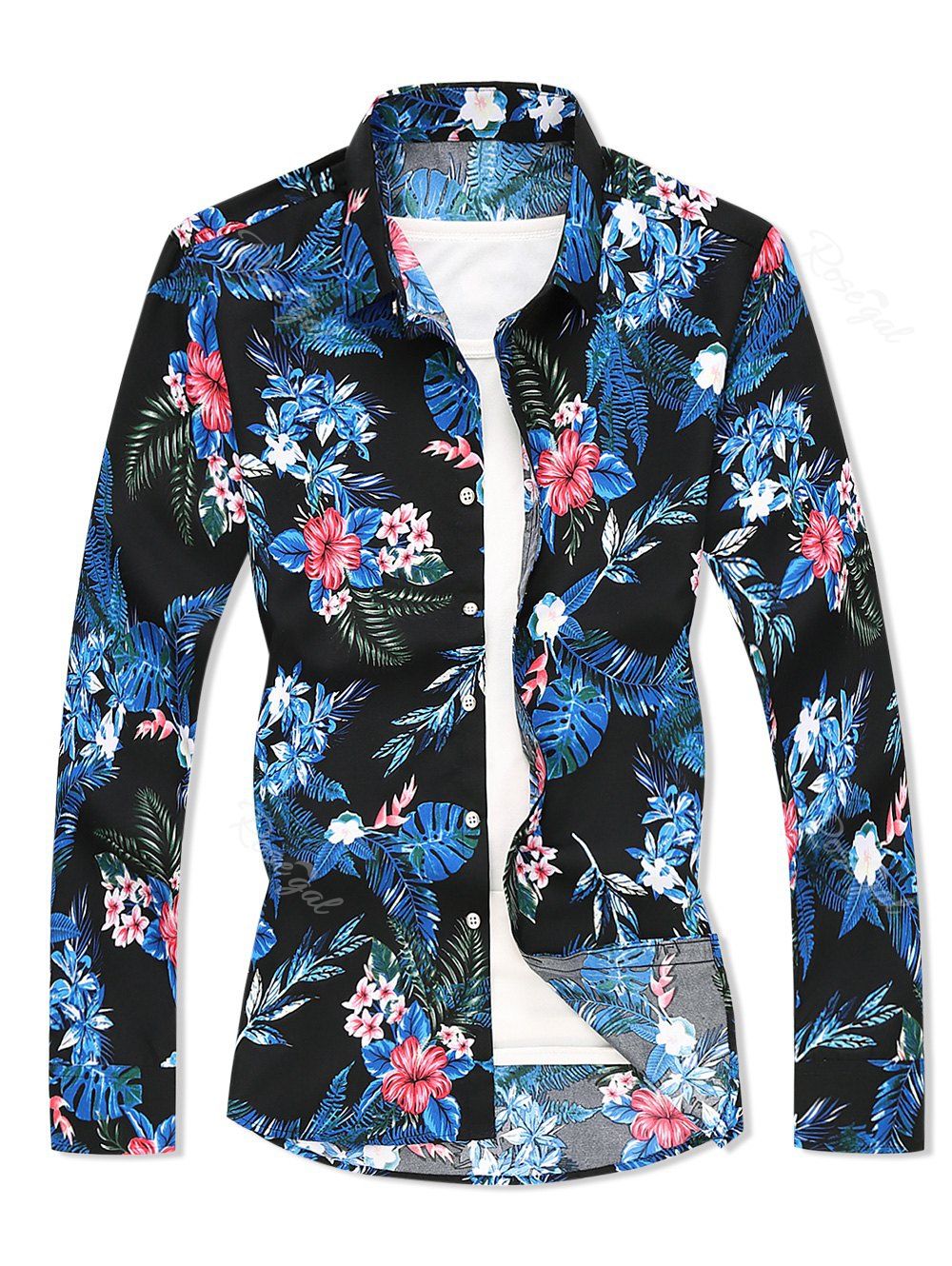 

Tropical Leaf Flower Print Long Sleeve Shirt, Black
