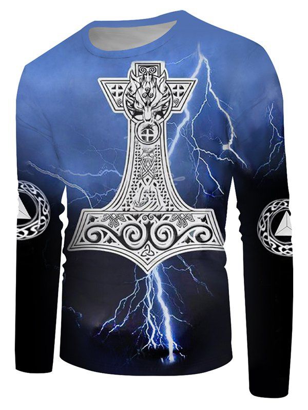

Crew Neck Lightning Wolf Pattern Long Sleeve Casual Tee, Multi