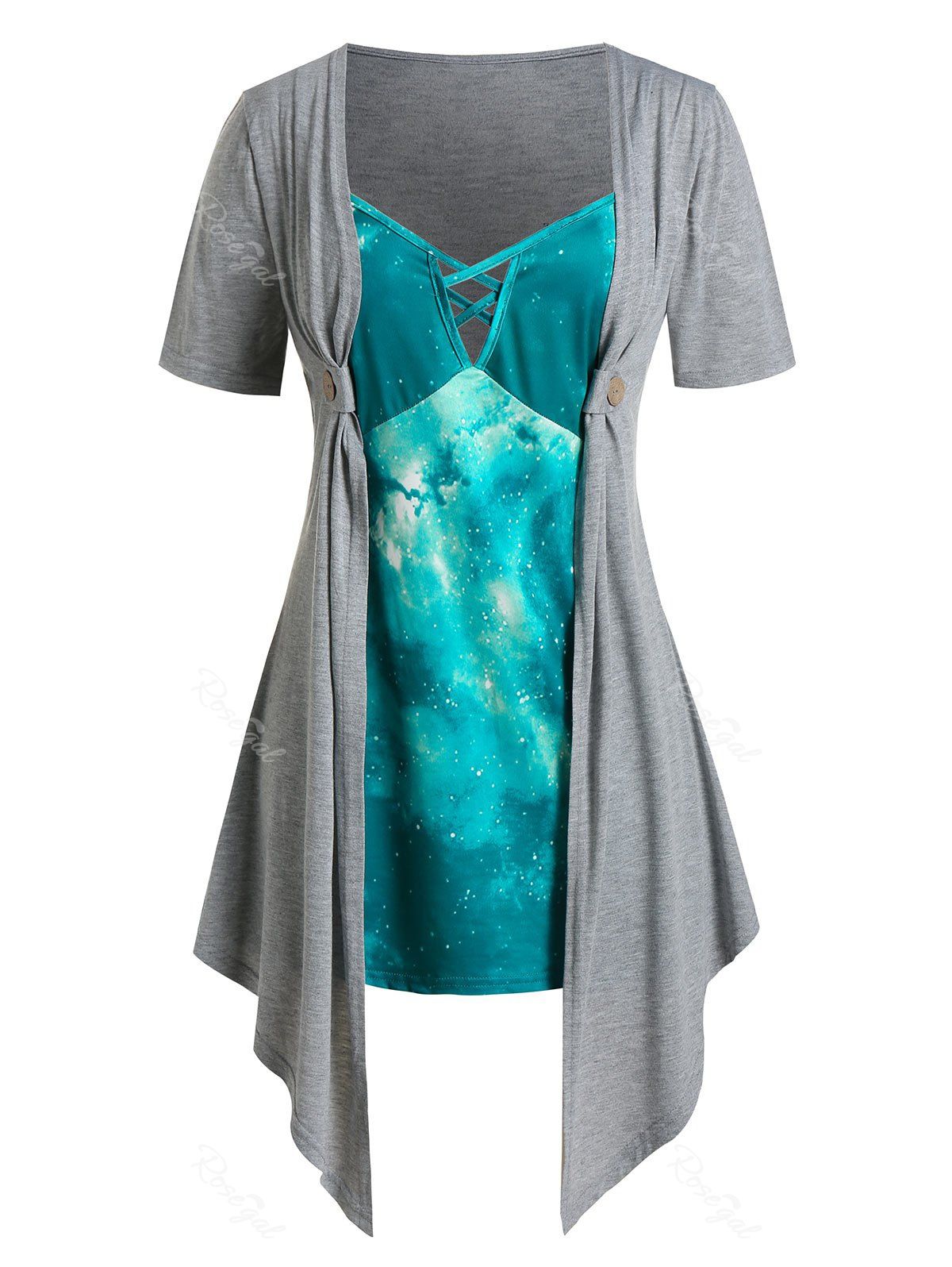 

Plus Size Galaxy Draped Crisscross Short Sleeve Tee, Light gray